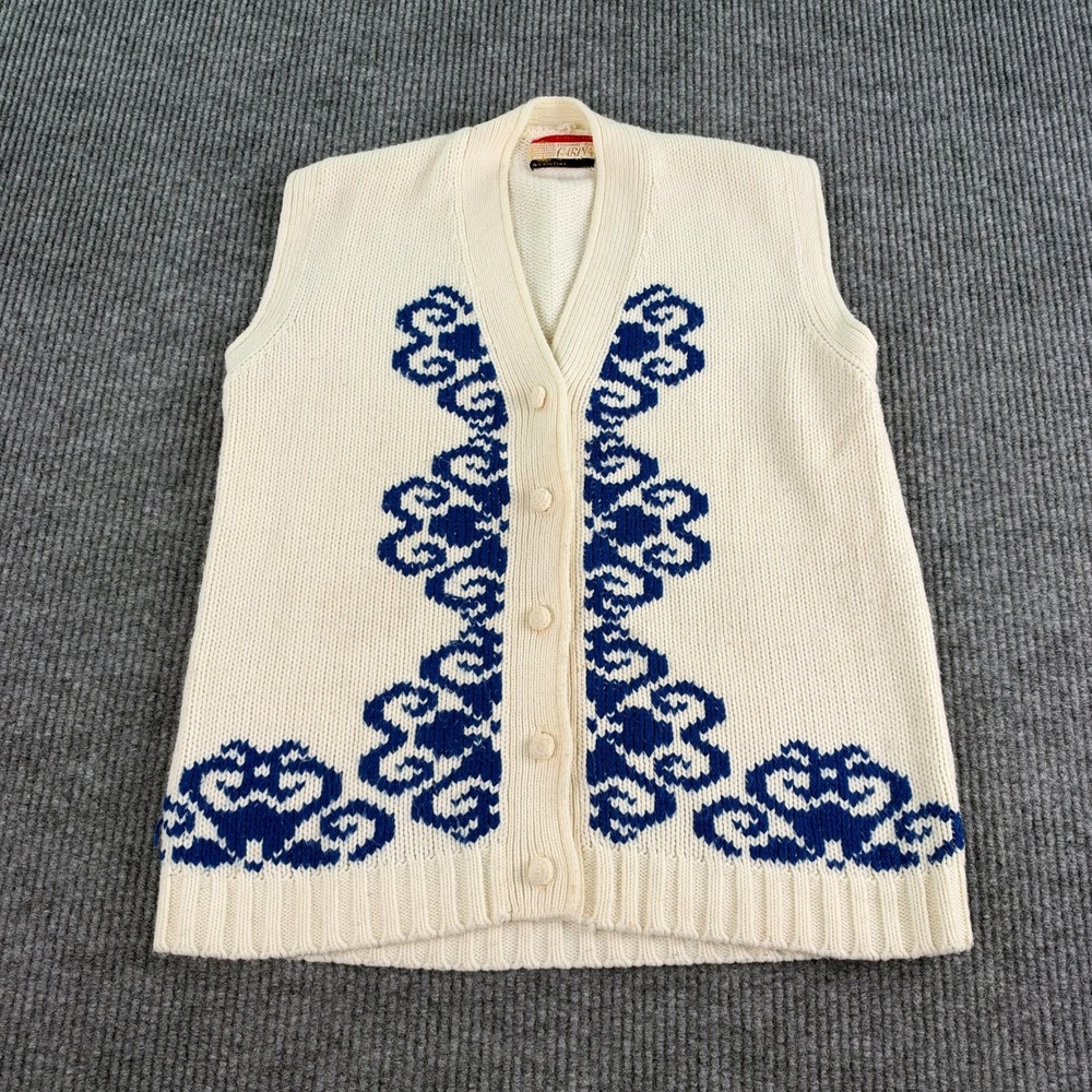 Vintage Carina Sweater Vest Women M Cream Blue Floral Cardigan Acrylic Knit 70s